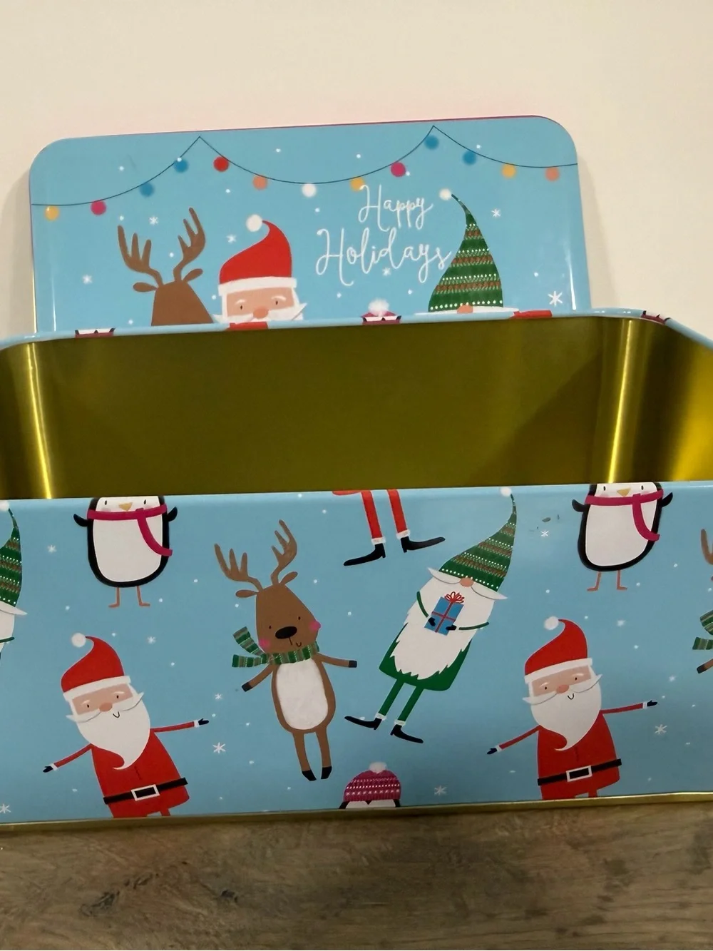 Christmas Tin Storage Box w/ Lid, Blue/Multicolor, Rectangular, Free Standing